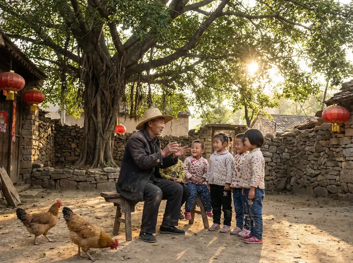 老人在大榕树下给孩子们讲故事 - 打南边来了个喇叭蚂蚁庄园 乡村记忆
